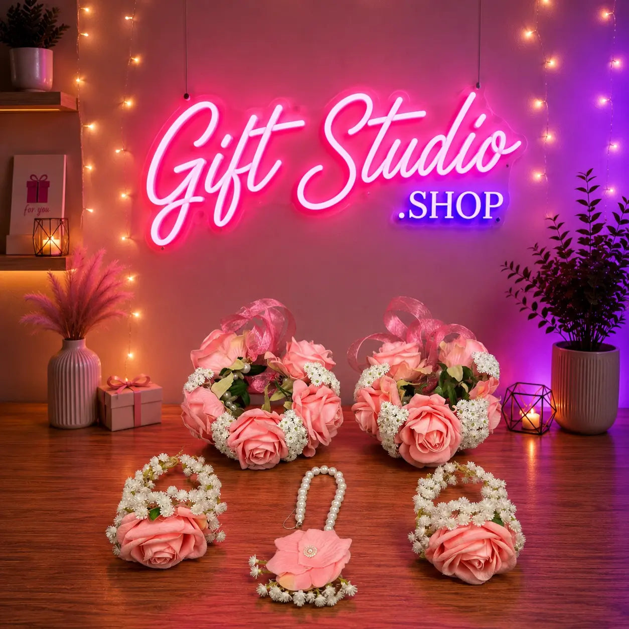 Real Rose Flower Jewellery Set for Bride Pink Floral Bridal Set - Gift Studio Pakistan photo 1