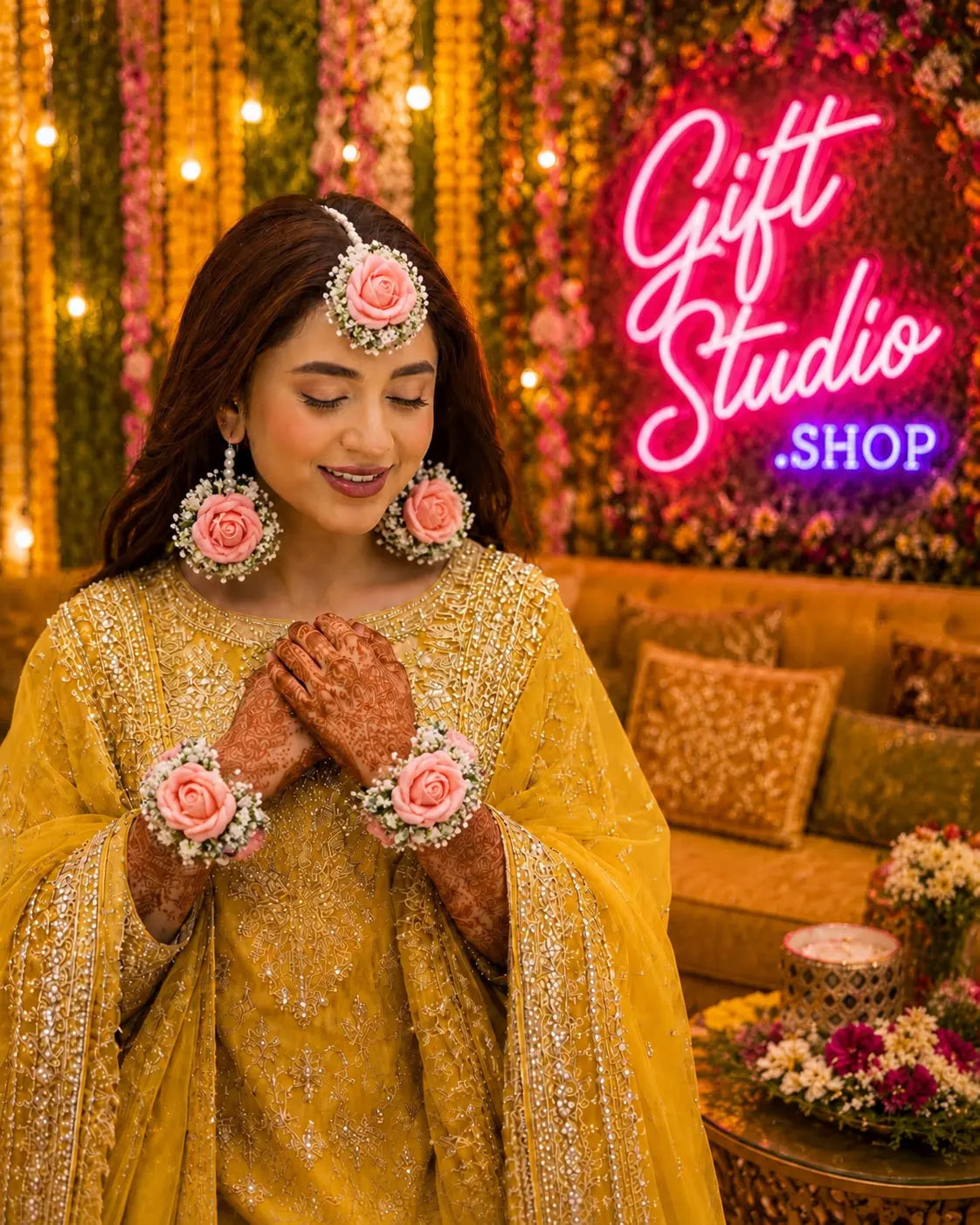 Real Rose Flower Jewellery Set for Bride Pink Floral Bridal Set - Gift Studio Pakistan photo 2