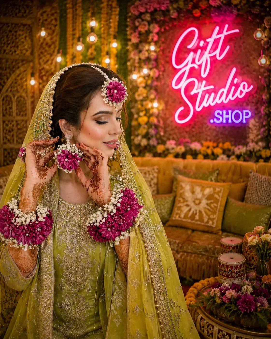 Real Rose Flower Jewellery Set for Bride Pink Floral Bridal Set - Gift Studio Pakistan photo 5