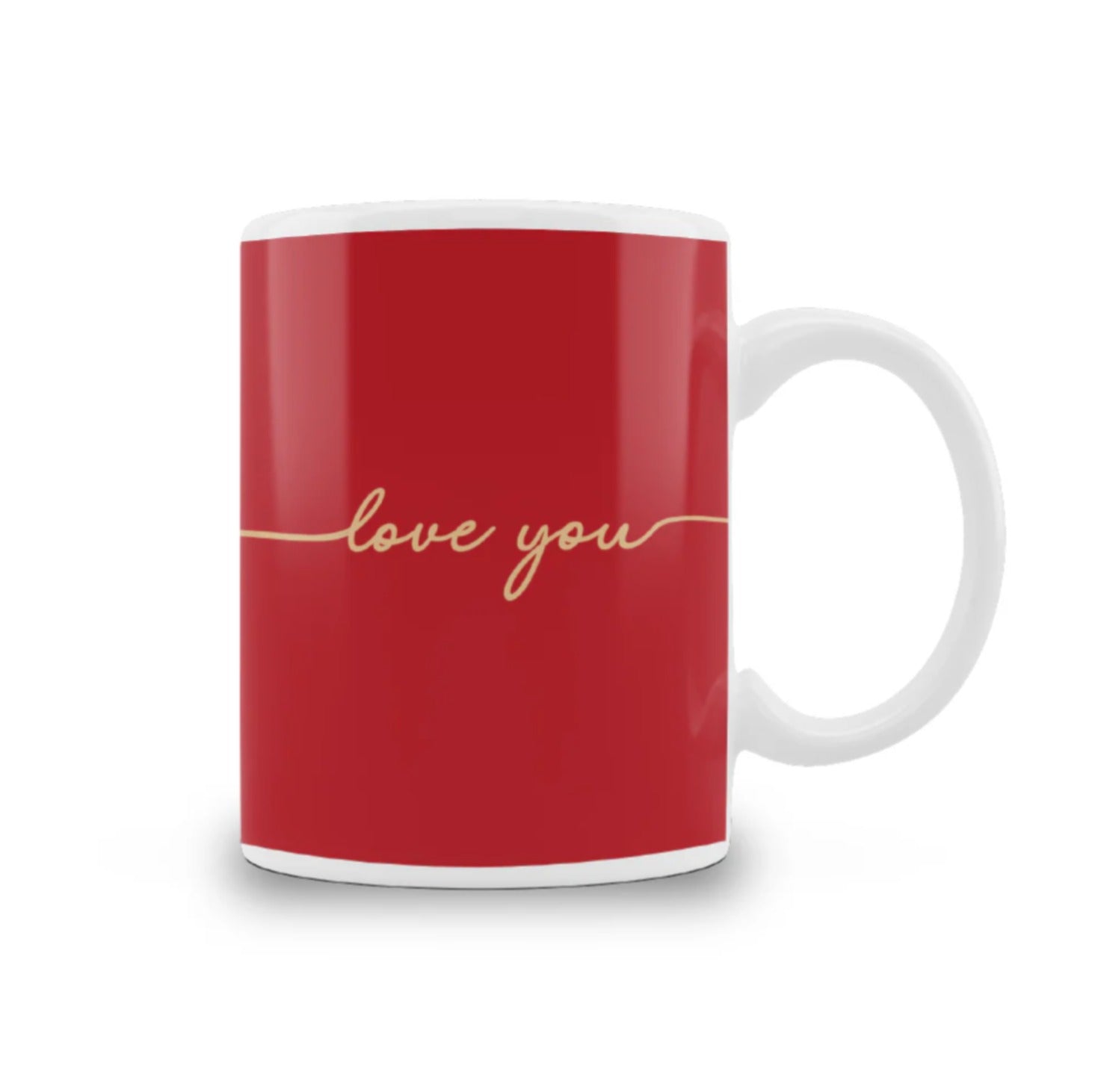Red ceramic mug with a gold 'love you' script, featuring a white handle—an ideal romantic gift for couples, anniversaries, or Valentine's Day.
