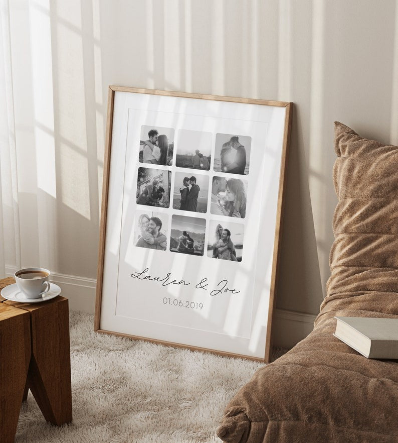 Custom romantic photo collage print with black-and-white images, names, and a special date, styled in a cozy home setting.