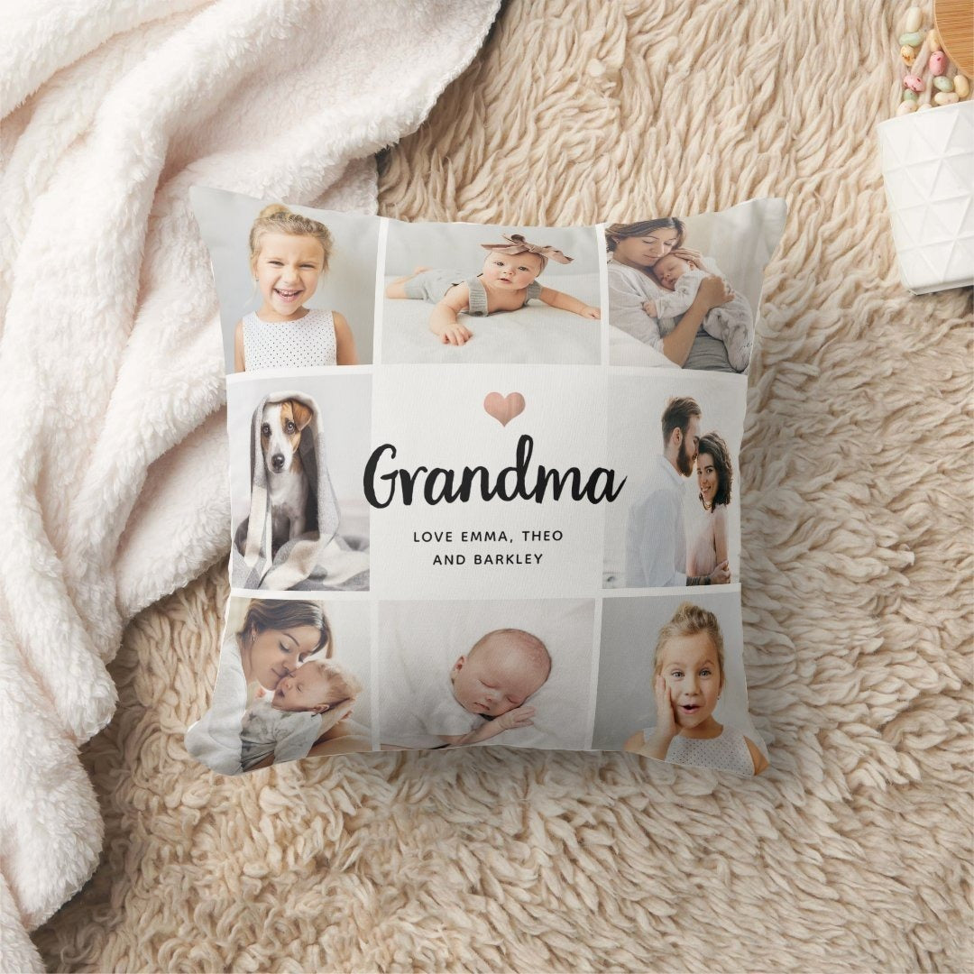Simple and Chic Heart Photo Collage Grandma Cushion with custom photos