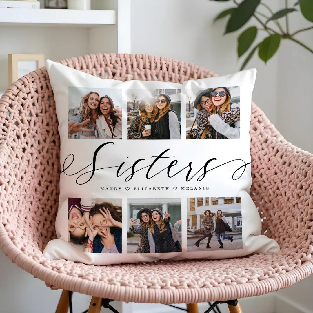 Sisters Script Photo Collage Throw Pillow with custom photos and names