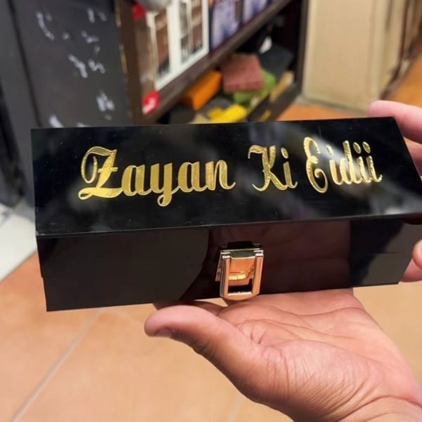 Special Customized Eidi Box with artificial flowers and "Happy Eid" tag