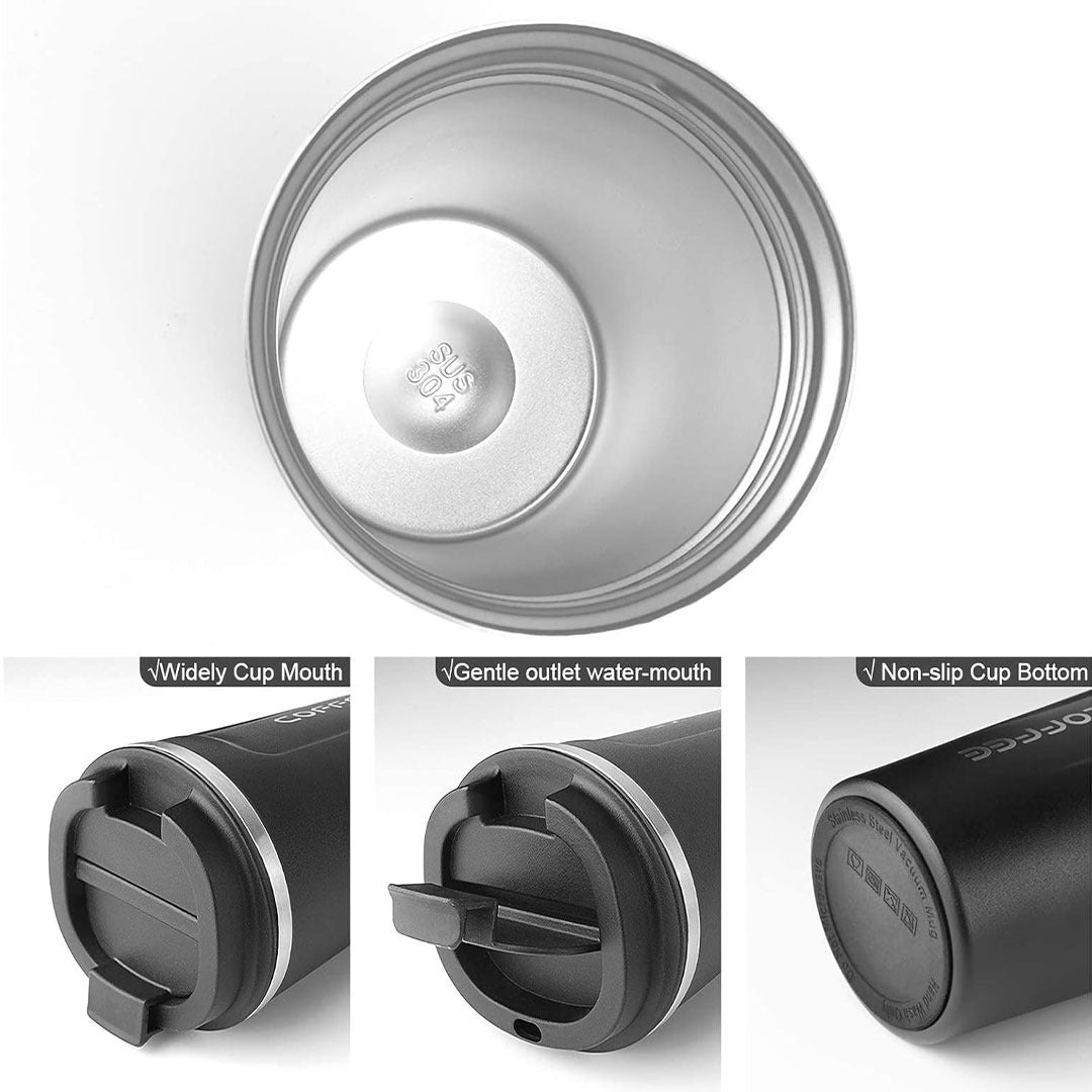 Side-by-side size comparison of 510ml and 380ml black stainless steel coffee mugs with measurement details.