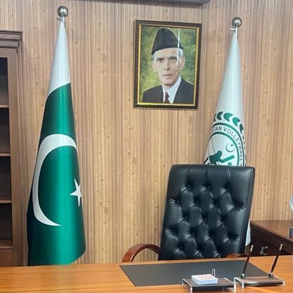Two Executive Indoor Conference Flags without Stand, featuring Pakistan flag and Volleyball Federation logo, office decor from Gift Studio Pakistan
