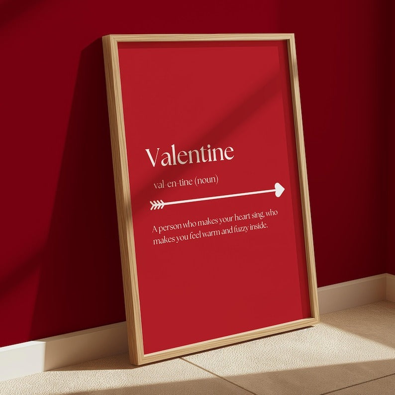 Framed Valentine Definition Wall Art with a red background and romantic love quote, perfect for Valentine’s Day and anniversary gifts.