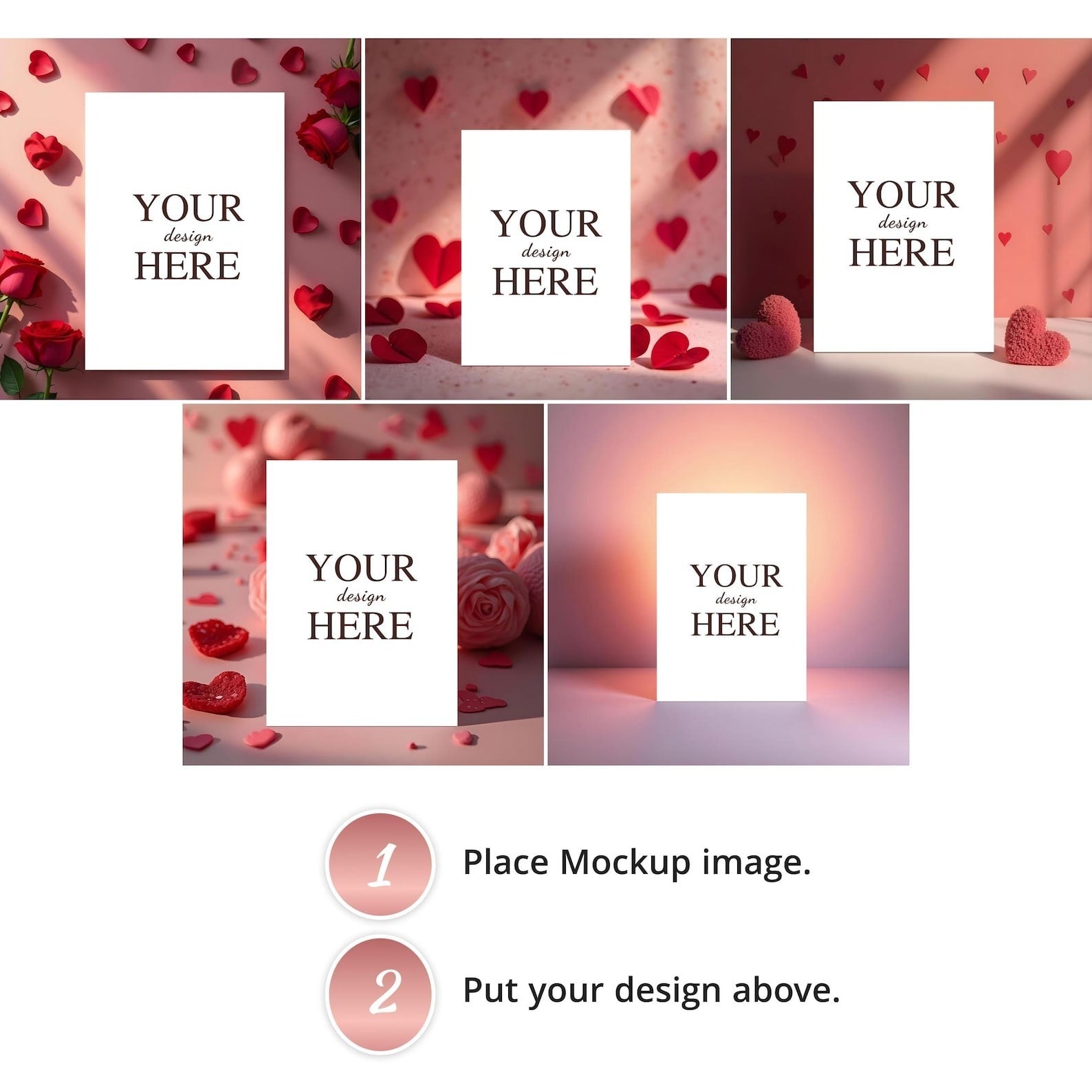 Valentine's Day mockup featuring customizable card templates with romantic elements like red hearts and roses.