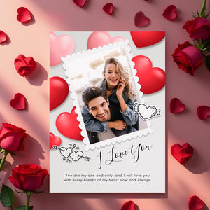 Valentine's Day photo frame with a couple's photo, red hearts, and roses, featuring the text 'I Love You' for a romantic touch.
