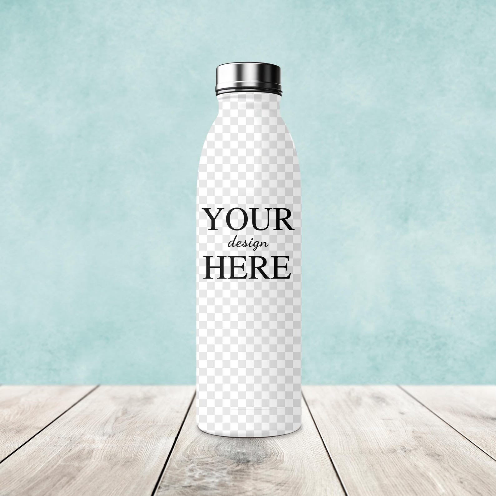 White custom stainless steel water bottle showcasing design personalization options, styled against a coastal view.