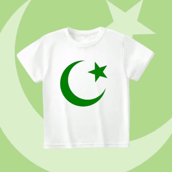 White t-shirt with green crescent and star design for 14 August Independence Day