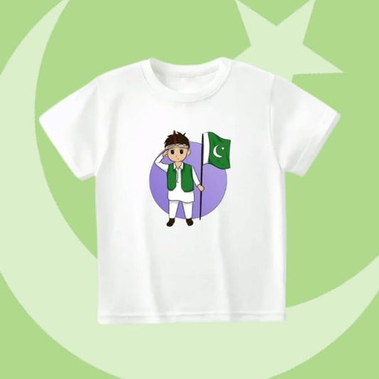 White Independence Day T-Shirt with boy holding Pakistan flag design