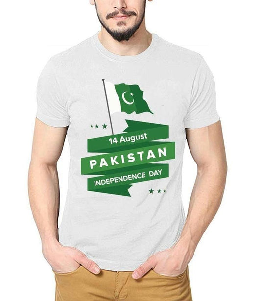 White t-shirt with Pakistan 14 August crescent-star design